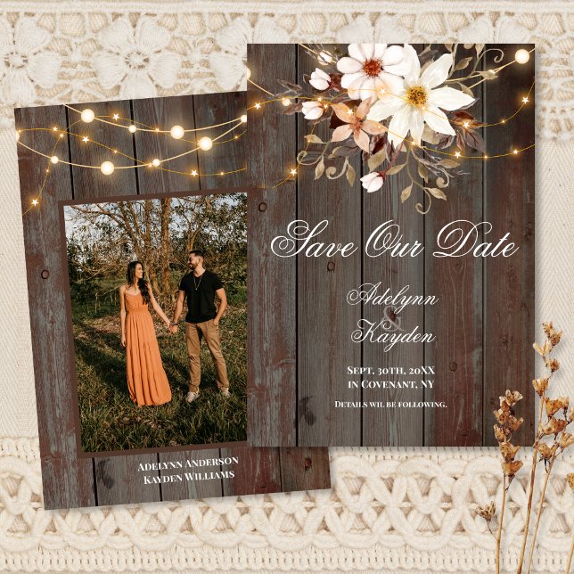 Save The Date Modern Rustic Wood Floral Lights Wedding (Créateur téléchargé)