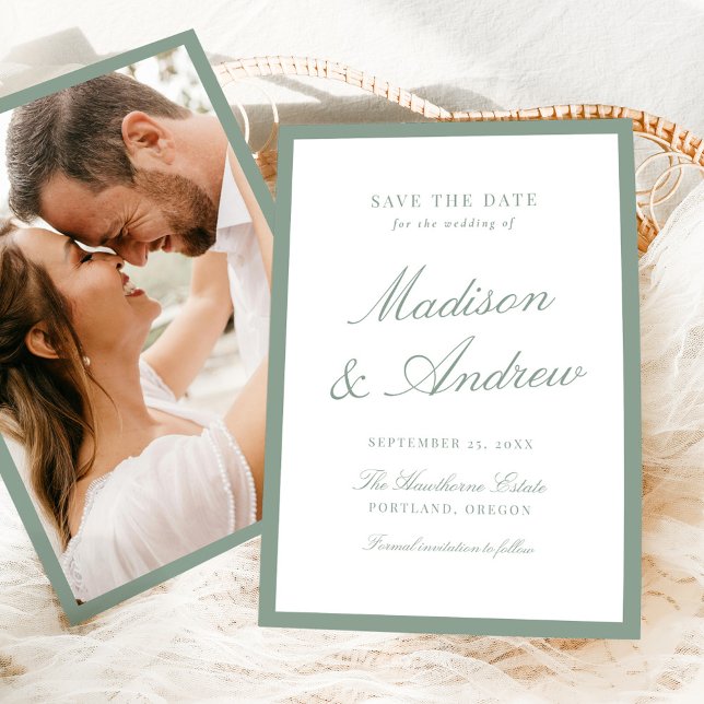 Save The Date Modern Sage Green Border Photo Wedding (Créateur téléchargé)