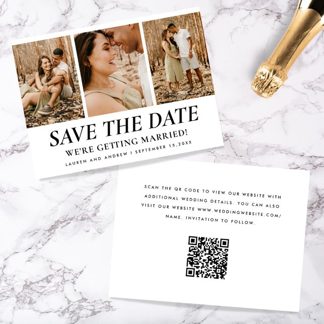 Save The Date Modern Simple Trois Photo Collage Mariage Qr Code (Créateur téléchargé)