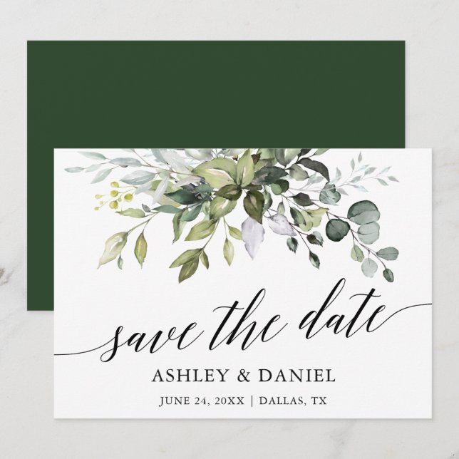 Save The Date Moderne aquarelle vert calligraphie (Devant / Derrière)