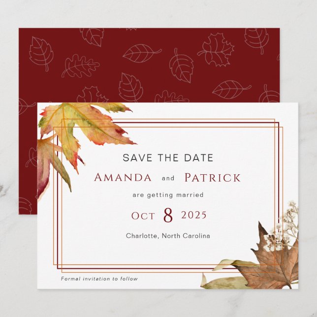 Save The Date Moderne automne feuilles jardin mariage (Devant / Derrière)