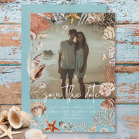 Moderne Beach Seashell Frame Photo Aqua Mariage