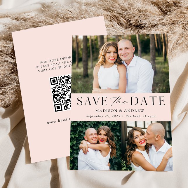 Save The Date Moderne Elegant Blush 3 Photo QR Code (Créateur téléchargé)
