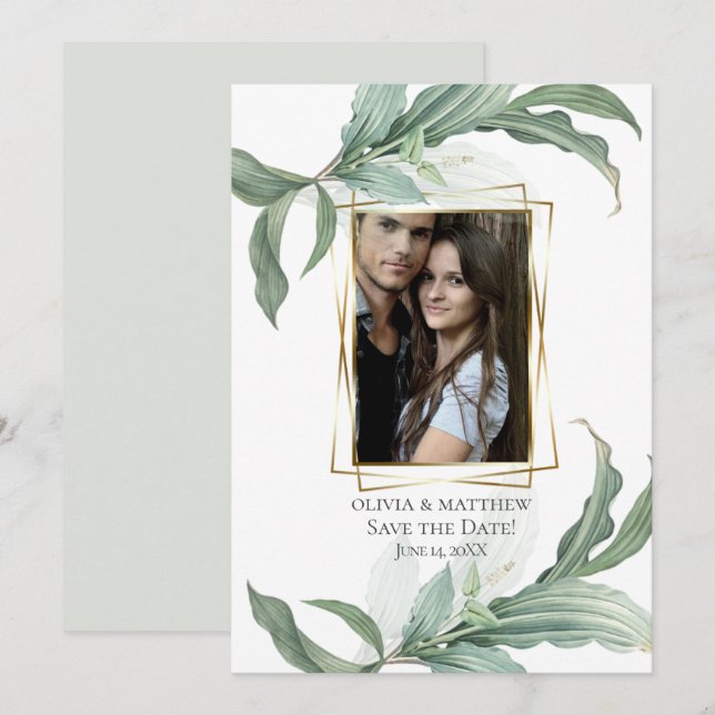 Save The Date | Moderne elegante tropische Blätter Einladung (Vorne/Hinten)