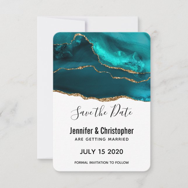 Save The Date Moderne et élégant Turquoise Or & Blanc Agate Mari (Devant)