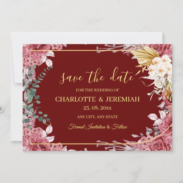 Save The Date Moderne Floral Bourgogne or Mariage Eucalyptus (Devant)
