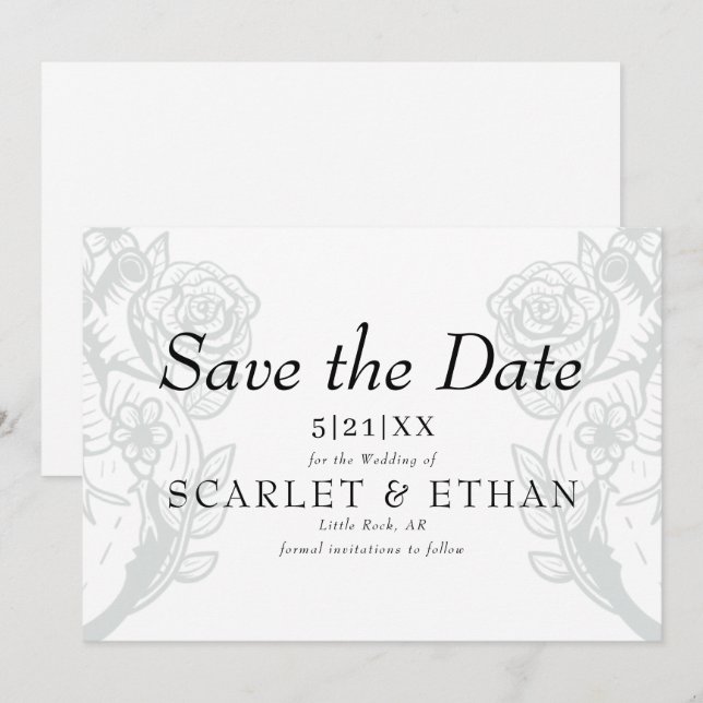 Save The Date Moderne gothique Floral Heart Élégant Mariage blan (Devant / Derrière)