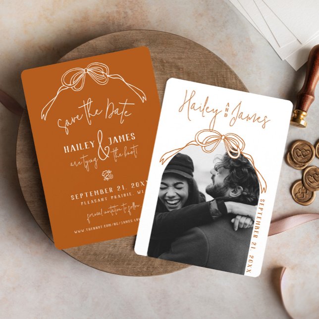 Save The Date Moderne mariée boho dessinée à la main TERRACOTTE  (Rustic boho terracotta burnt orange hand drawn bow modern arch photo classy wedding save the date)