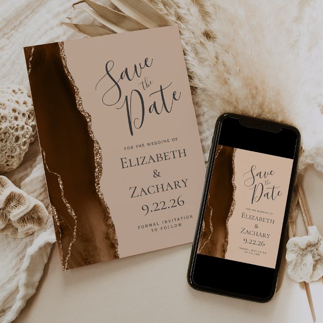 Save The Date Moderne Mocha Brown Gold Agate Tan Enregistrer la  (Créateur téléchargé)