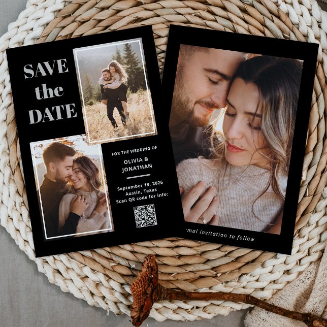 Save The Date Moderne Multi Photo noir et gris | Code QR (Créateur téléchargé)