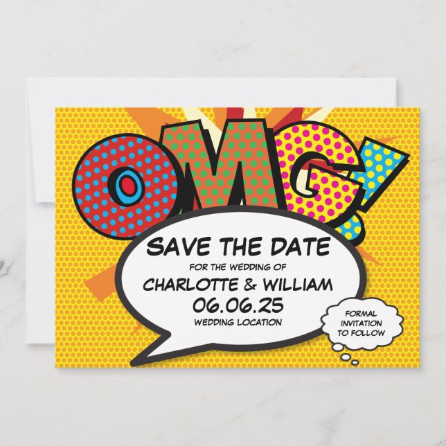 Save The Date Moderne OMG Fun Comic Book Wedding Enregistrer La  (Devant)