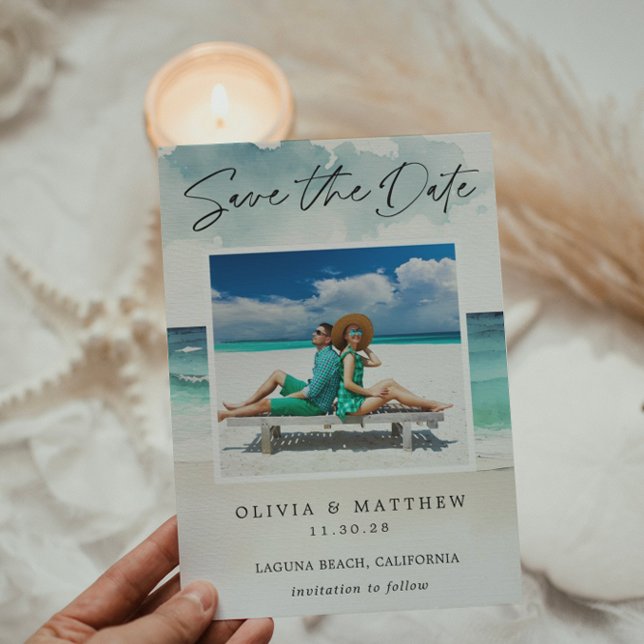 Save The Date Moderne plage océanique à l'aquarelle Deux photos  (Créateur téléchargé)