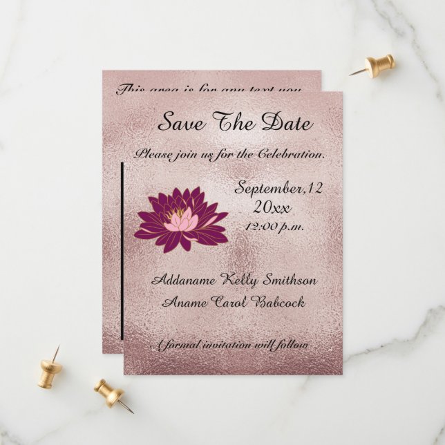 Save The Date Moderne Rose Or Bourgogne Floral Élégant (Devant/Arrière en situation)