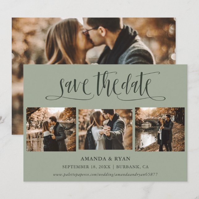 Save The Date Moderne Sage Vert Mariage 4 Photo Enregistrer La D (Devant / Derrière)