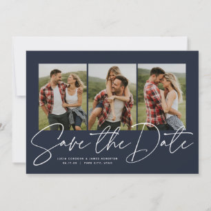 Save The Date Moderne script trois photo bleu marine élégant