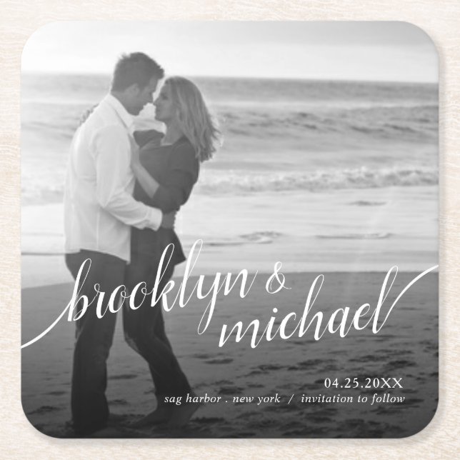 Save the Date moderne Swash-Skript-Mitteilung Rechteckiger Pappuntersetzer (Vorderseite)