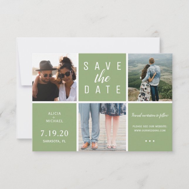 Save The Date Moderne vert simple 3 photo collage mariage (Devant)