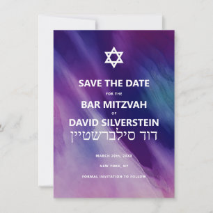 Save The Date Moderne violet bleu étoile David Bar Mitzvah hébre