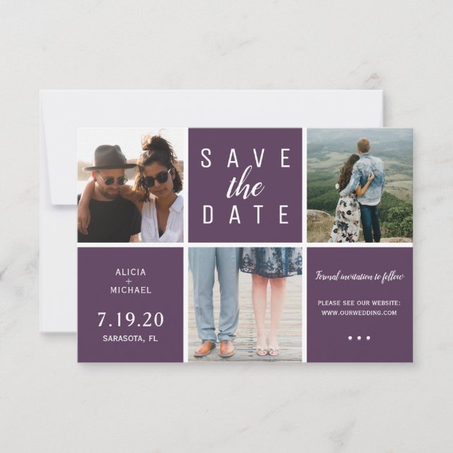 Save The Date Moderne violet simple 3 photo collage mariage (Devant)