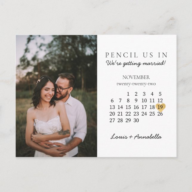 Save the Date Moderner Kalender Gold Herzstück Nov Postkarte (Vorderseite)