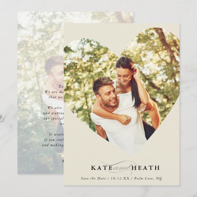 SAVE THE DATE modernes Foto Elegantes Herzelfenbei Einladung (Vorne/Hinten)