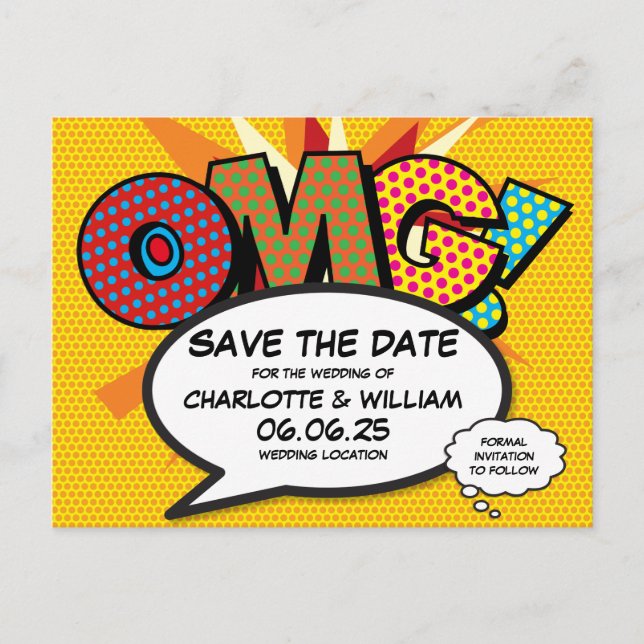 Save the Date Modernes Liebe Spaß Comic Buch OMG Ankündigungspostkarte (Vorderseite)