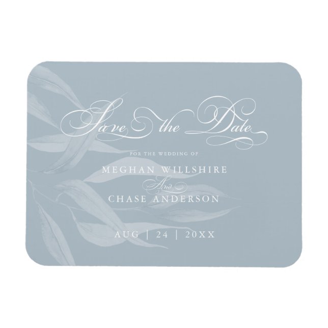 Save the Date Modernes White Foliage auf Dusty Blu Magnet (Horizontal)