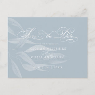 Save the Date Modernes White Foliage auf Dusty Blu Postkarte
