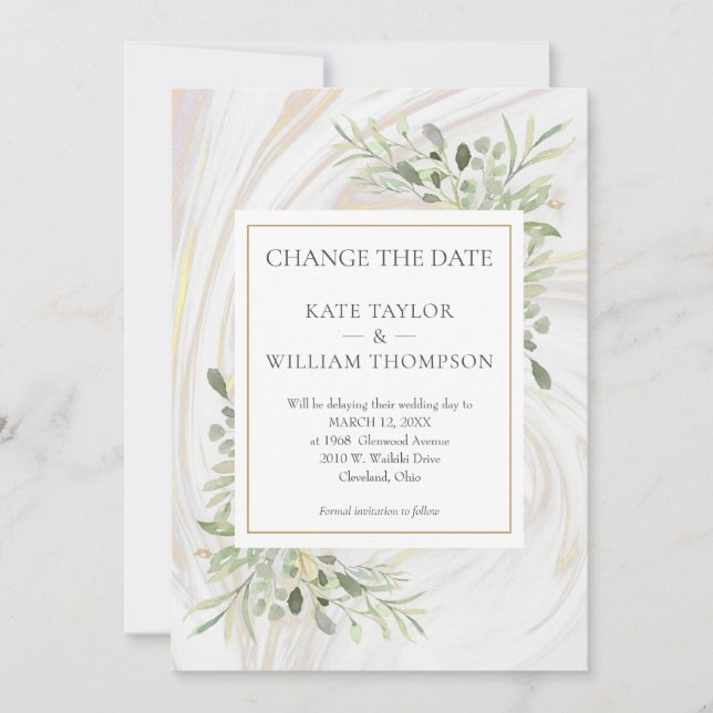 Save The Date Modifier la date Verdure Feuille marbre Swirl (Devant)