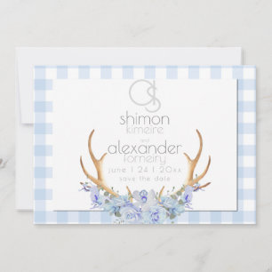 Save The Date   Monogram Blue Gingham Floral BOHO
