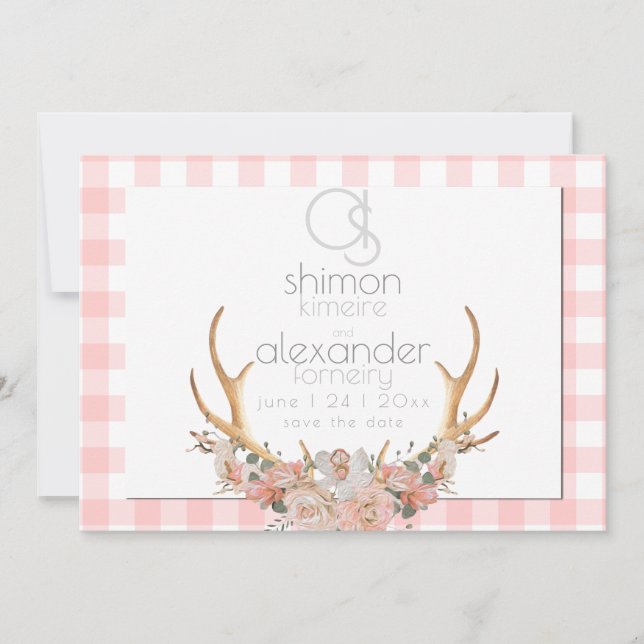 Save The Date | Monogram Coral Gingham Floral BOHO (Vorderseite)