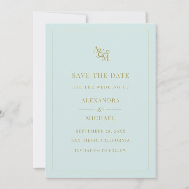 Save The Date Monogram Mint Turquoise Simple Mariage moderne (Devant)