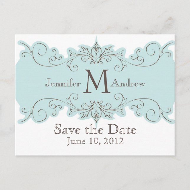 Save the Date Monogram Wedding Blue Wirbel Card Ankündigungspostkarte (Vorderseite)