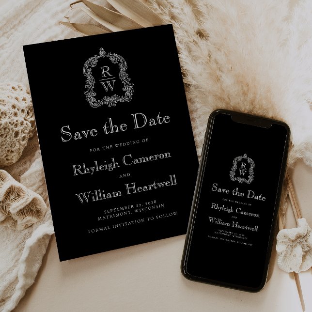 Save The Date Monogramme classique noir et blanc à motif de crêt (Créateur téléchargé)