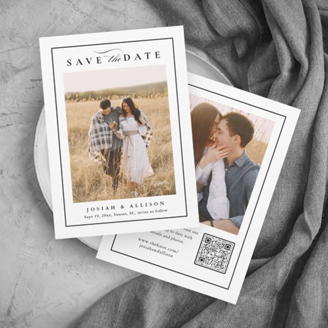 Save The Date Monogramme classique QR Code 2 Mariage photo (Elegant black and white 2 photo wedding save the date with QR code.)