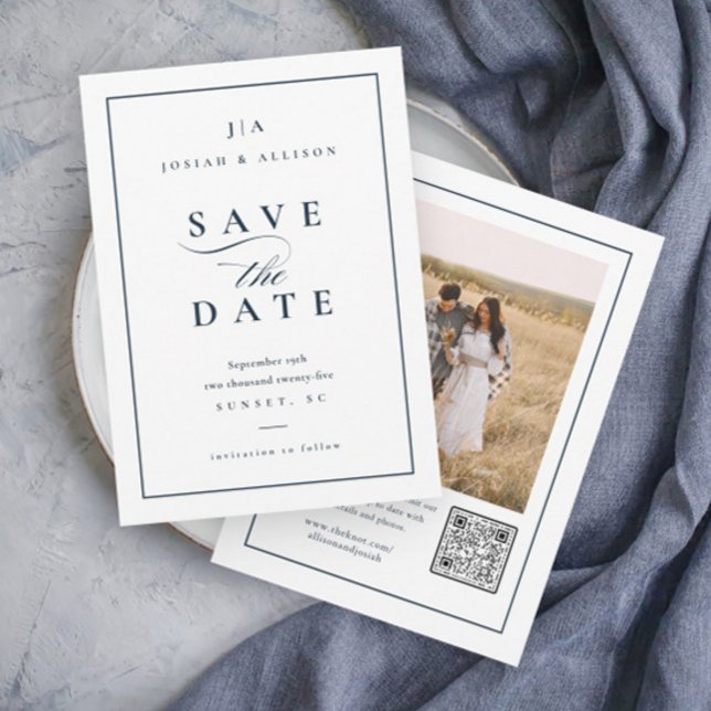 Save The Date Monogramme classique QR Code Mariage photo (Elegant Navy Blue Wedding Monogram Photo Save the Date Card with QR Code.)