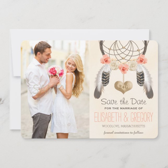 SAVE THE DATE MONOGRAMME CORAL MINT DREAMCATCHER ENREGISTRER LA  (Devant)