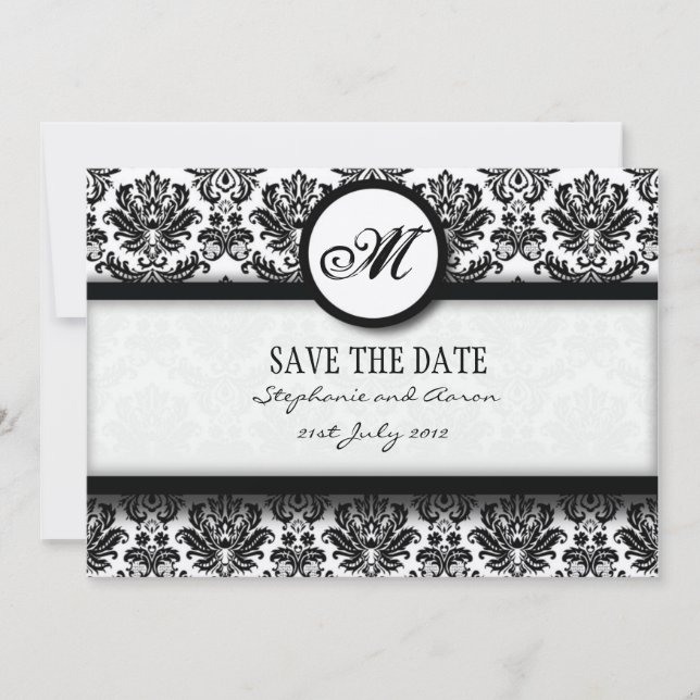 Save The Date Monogramme Damas noir et blanc Enregistrer la cart (Devant)