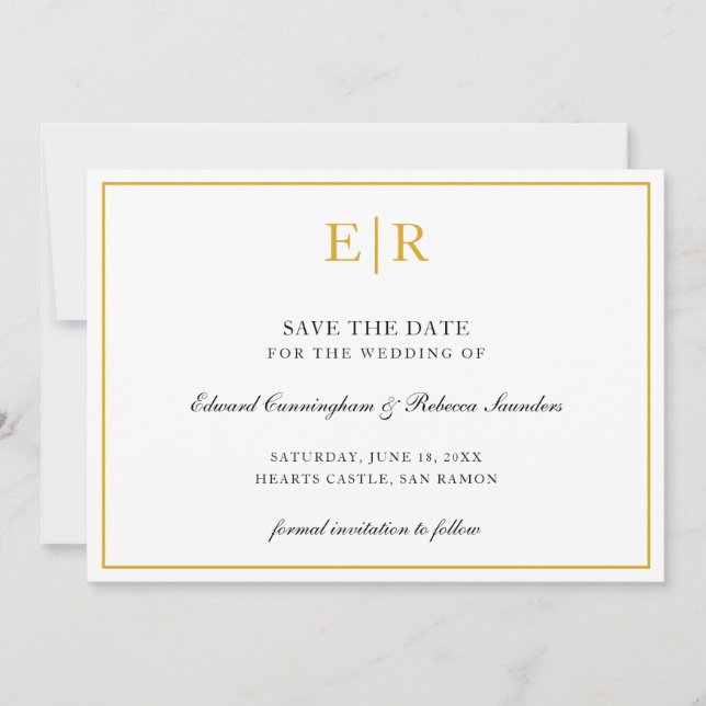 Save The Date Monogramme d'or formel Mariage simple et élégant (Devant)