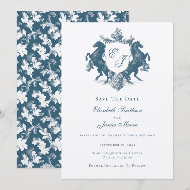 Save The Date Monogramme équestre Chevaux Crest Bleu Turquoise M (Devant / Derrière)