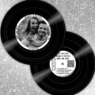 Save The Date Monogramme et Photo de Disque Vinyle  - Blanc