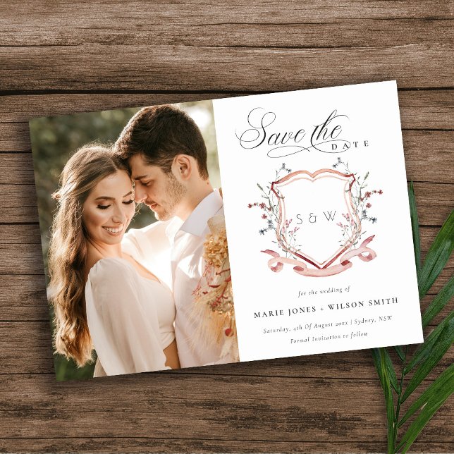 Save The Date Monogramme Fleur sauvage rose Aquarelle Photo Cres (Créateur téléchargé)