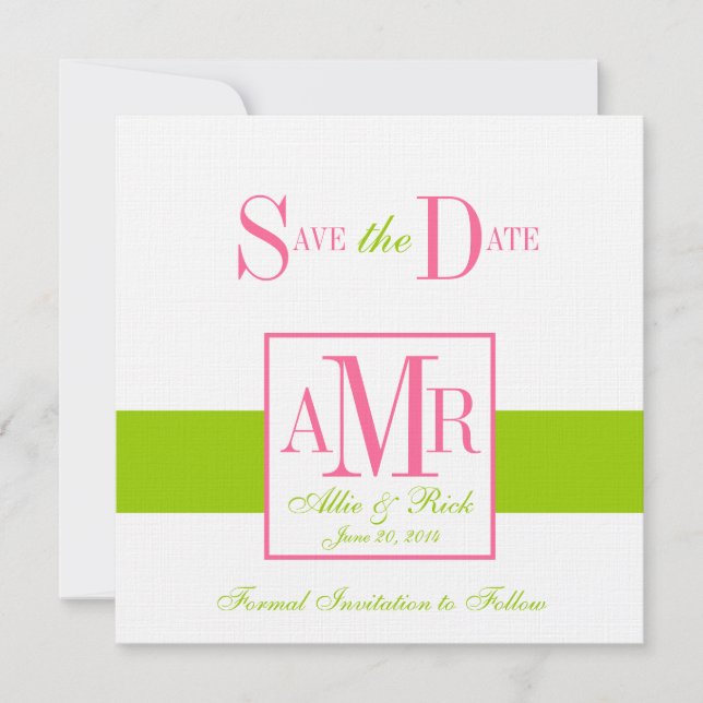 Save the Date Monogramme für Hochzeiten, grün rosa (Vorderseite)