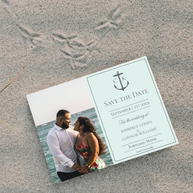 Save The Date Monogramme marine de la menthe Photo Enregistrer l (Mint Nautical Monogram Photo Save the Date)