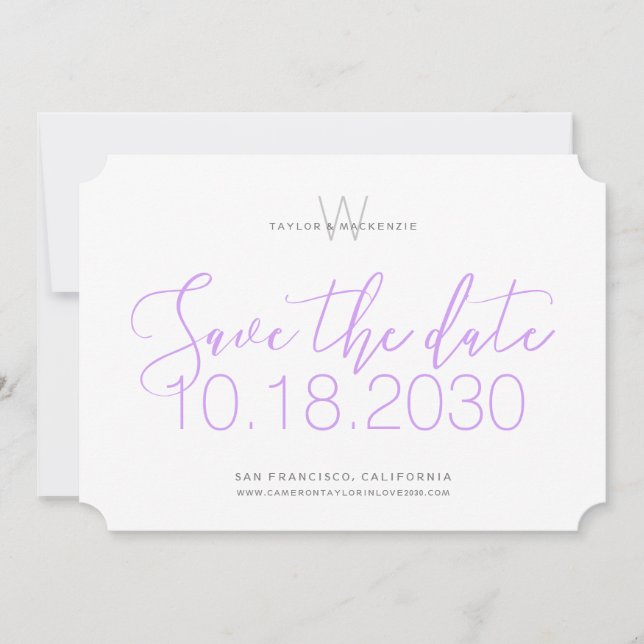 Save The Date Monogramme Moderne Minimaliste Violet Lilas Économ (Devant)