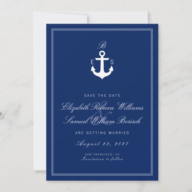 Save The Date Monogramme Nautique Bleu Foncé Enregistrer La Cart (Devant)