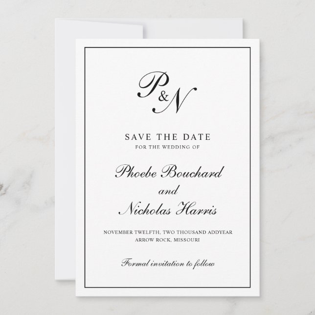 Save The Date Monogramme Noir et blanc Formal Mariage élégant (Devant)