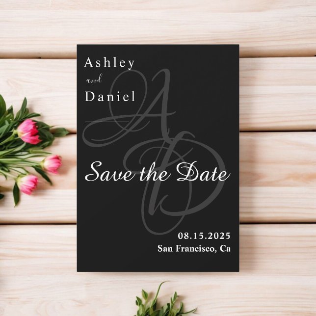 Save The Date Monogramme noir et blanc minimal Mariage élégant (Créateur téléchargé)
