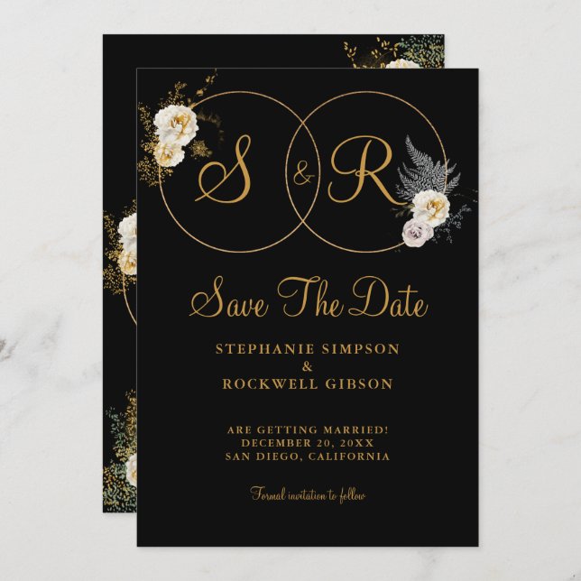 Save The Date Monogramme Or Sur Nom Noir Mariage Initial (Devant / Derrière)