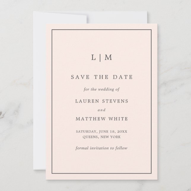 Save The Date Monographie rose pâle simple Mariage élégant (Devant)